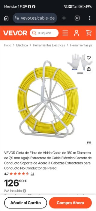 Guía pasacables de fibra de vidrio 150 m x 7,9 mm