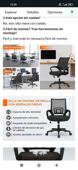 Silla de oficina Yaheetech negra, como nueva