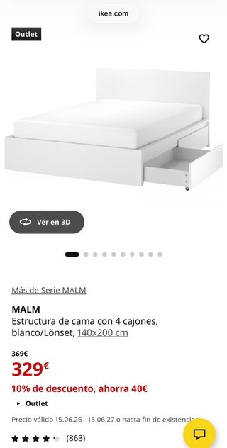 Cama Malm Ikea 140x200 con cajones