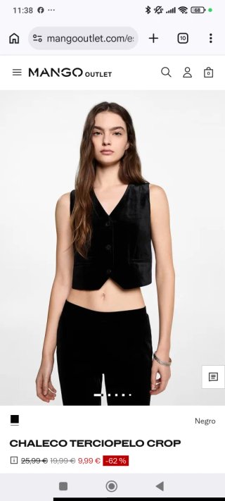 Chaleco crop terciopelo negro de Mango Talla M
