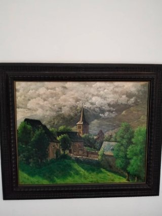 Antiguo óleo paisaje pueblo iglesia,firmado