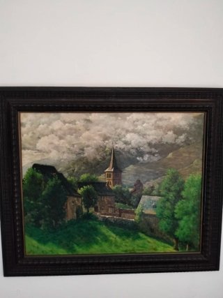 Antiguo óleo paisaje pueblo iglesia,firmado