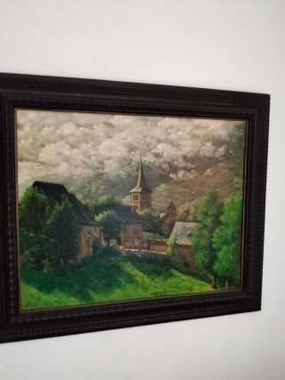 Antiguo óleo paisaje pueblo iglesia,firmado
