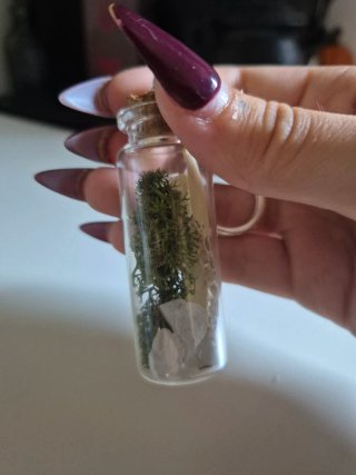 Llavero con botella de huesos y musgo