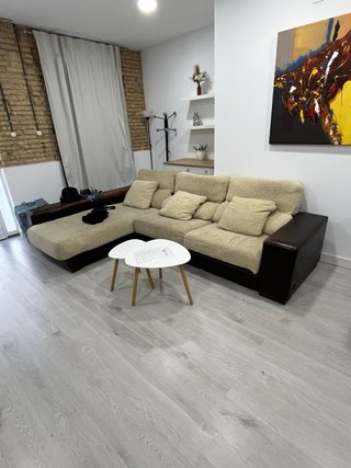 Sofá modular beige y marrón Cuero y tela chenille
