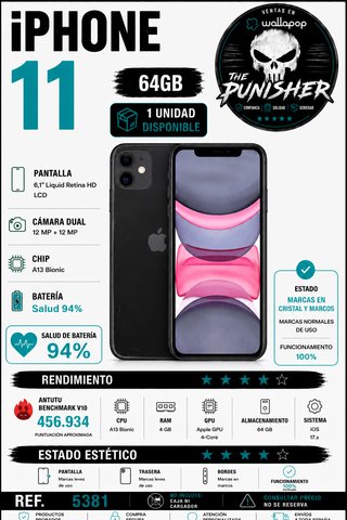 Ref. 5381 iPhone 11 64GB Negro 94% Salud Batería