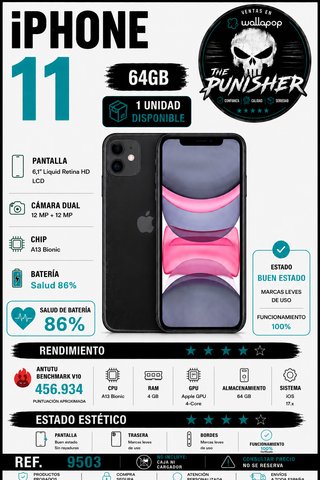 Ref. 9503 iPhone 11 64GB Negro 86% Salud Batería
