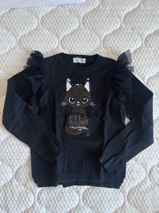 Maglione nero con gatto paillettes reversibili HeM