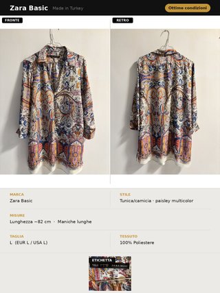 Zara Basic Tunica/Camicia Paisley Multicolor L