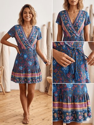 Vestido Boho Chic Estampado Azul Talla s/m