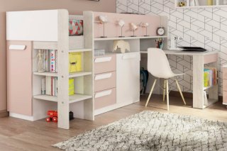Cama alta con escritorio y almacenaje