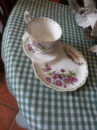 Taza y plato de porcelana con flores pone