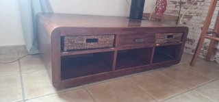 Mesa centro/TV madera y mimbre