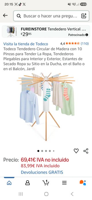 Tendedero Plegable Madera y Plástico