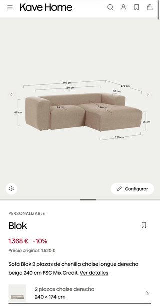 Sofá Blok Kave Home 2 plazas chaise longue