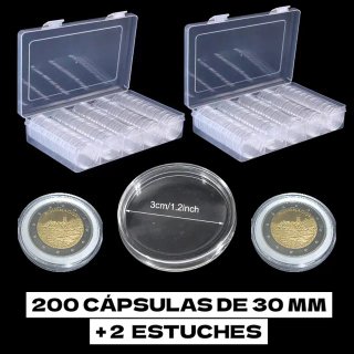 200 Cápsulas de 30mm para monedas + 2 Estuches