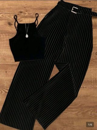 Conjunto Pantalón y Top Negro Rayas