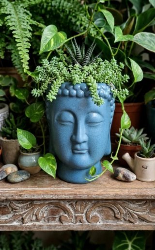 Portavaso a Testa di Buddha, Blu (Altezza 21 cm)