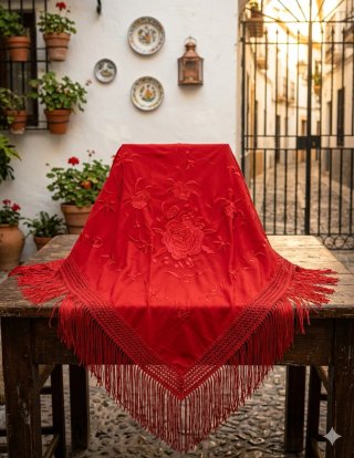 Manton rojo bordado con flecos