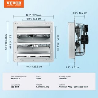 Ventilador de Escape de Persiana, 254 mm Alta Velocidad 1400RPM 753 CFM, Ventilador de Ático Montado en Pared de Aluminio con Motor de CA, Ventilación y Refrigeración para Invernaderos, Garajes, C...