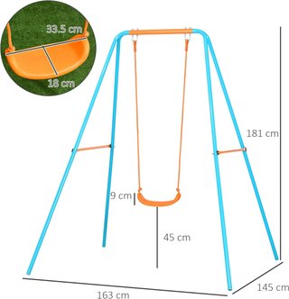 Columpio de Jardín con Asiento y Estacas, de Acero para Niños de 3 a 8 Años, 163X145X181Cm, Azul y Naranja