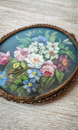 Quadretto Bouquet Floreale Olio 9,5x12 Cm Vintage