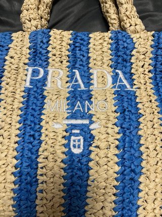 Borsa Prada paglia righe blu beige