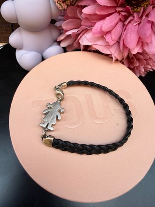 Pulsera Tous niña plata y piel negra