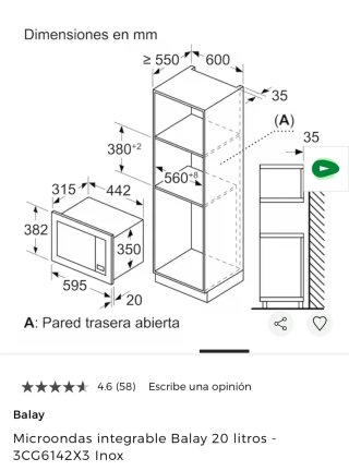 Microondas Balay integrable 20L Inox