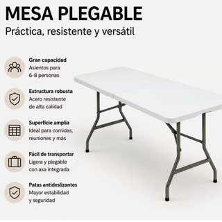 Mesa y 2 bancos Plegables Blanco y Gris
