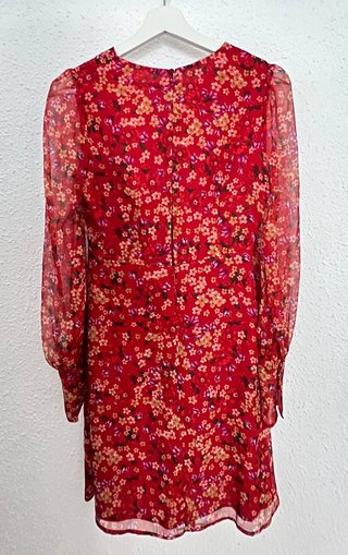 Vestido Mango Rojo Flores Chifón Talla S