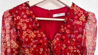 Vestido Mango Rojo Flores Chifón Talla S