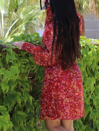 Vestido Mango Rojo Flores Chifón Talla S