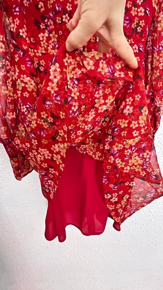 Vestido Mango Rojo Flores Chifón Talla S