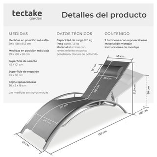 2 tumbonas, aluminio, ajustable en 5 niveles, 180 x 59 x 50 cm, gris