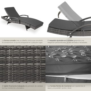 Tumbona de ratán curva de aluminio ajustable en 5 posiciones, gris