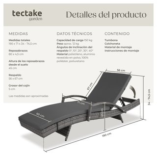 Tumbona de ratán curva de aluminio ajustable en 5 posiciones, gris