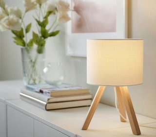 Lámpara de mesa trípode madera y pantalla blanca