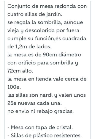 Mesa jardín+4 sillas+regalo sombrilla