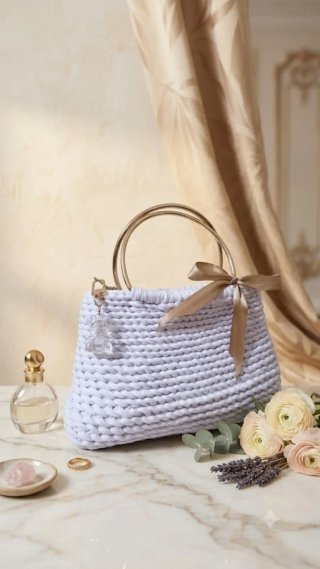 Bolso tejido artesanal con asas doradas