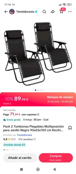 Pack 2 Tumbonas Plegables Jardín Negro