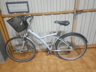 Bicicleta de paseo plateada con cesta