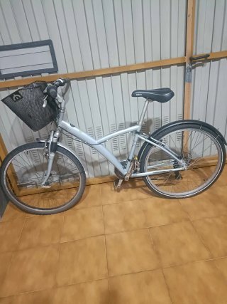 Bicicleta de paseo plateada con cesta