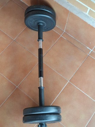Barra y 4 pesas de 2.5 kg cada una. Para gimnasio.