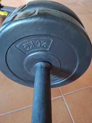 Barra y 4 pesas de 2.5 kg cada una. Para gimnasio.