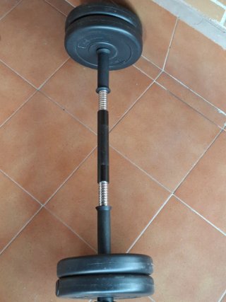 Barra y 4 pesas de 2.5 kg cada una. Para gimnasio.