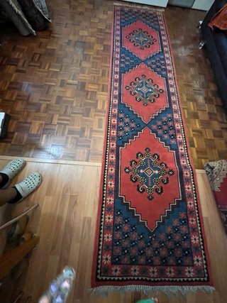 Tappeto persiano lana blu e rosso 364x86 perfetto
