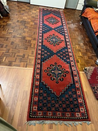 Tappeto persiano lana blu e rosso 364x86 perfetto