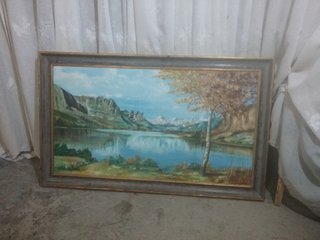 Cuadro antiguo paisaje lago montañas