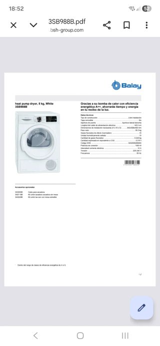 Secadora Balay Bomba de Calor condensación 8kgs
